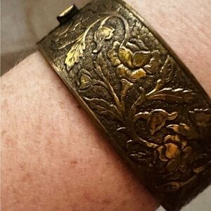 Antique Brass Hinged Cuff Bracelet Floral Botanical Etching Victorian Style 1940